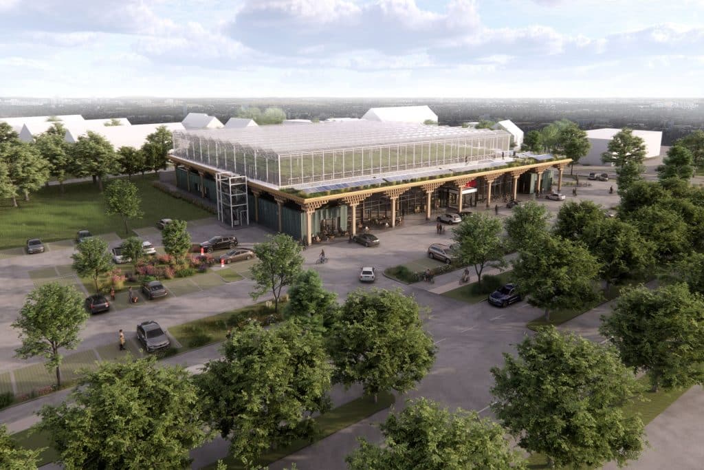 Darstellung der Ansicht von oben auf einen geplanten REWE Markt mit großer Dachfarm auf der Markthalle aus Holz und Glas.