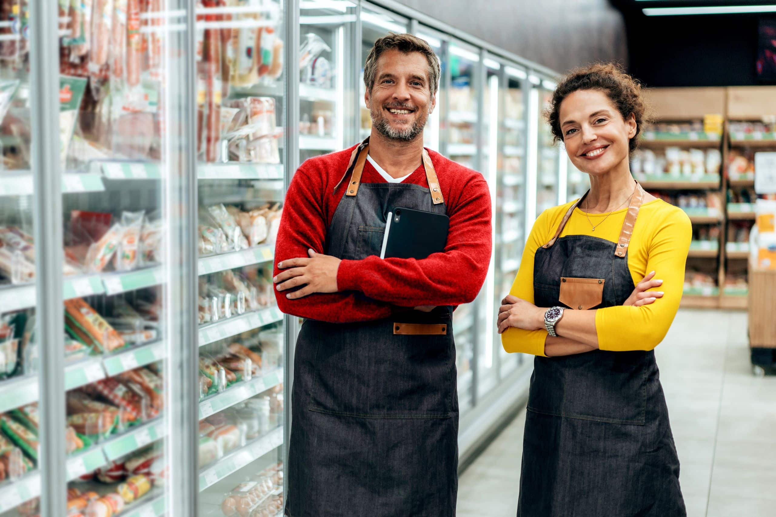 Zwei Mitarbeiter:innen eines Supermarktes bei der Arbeit. Eine Frau in einem gelben Shirt und ein Mann in einem roten Shirt stehen nebeneinander und lachen in die Kamera.