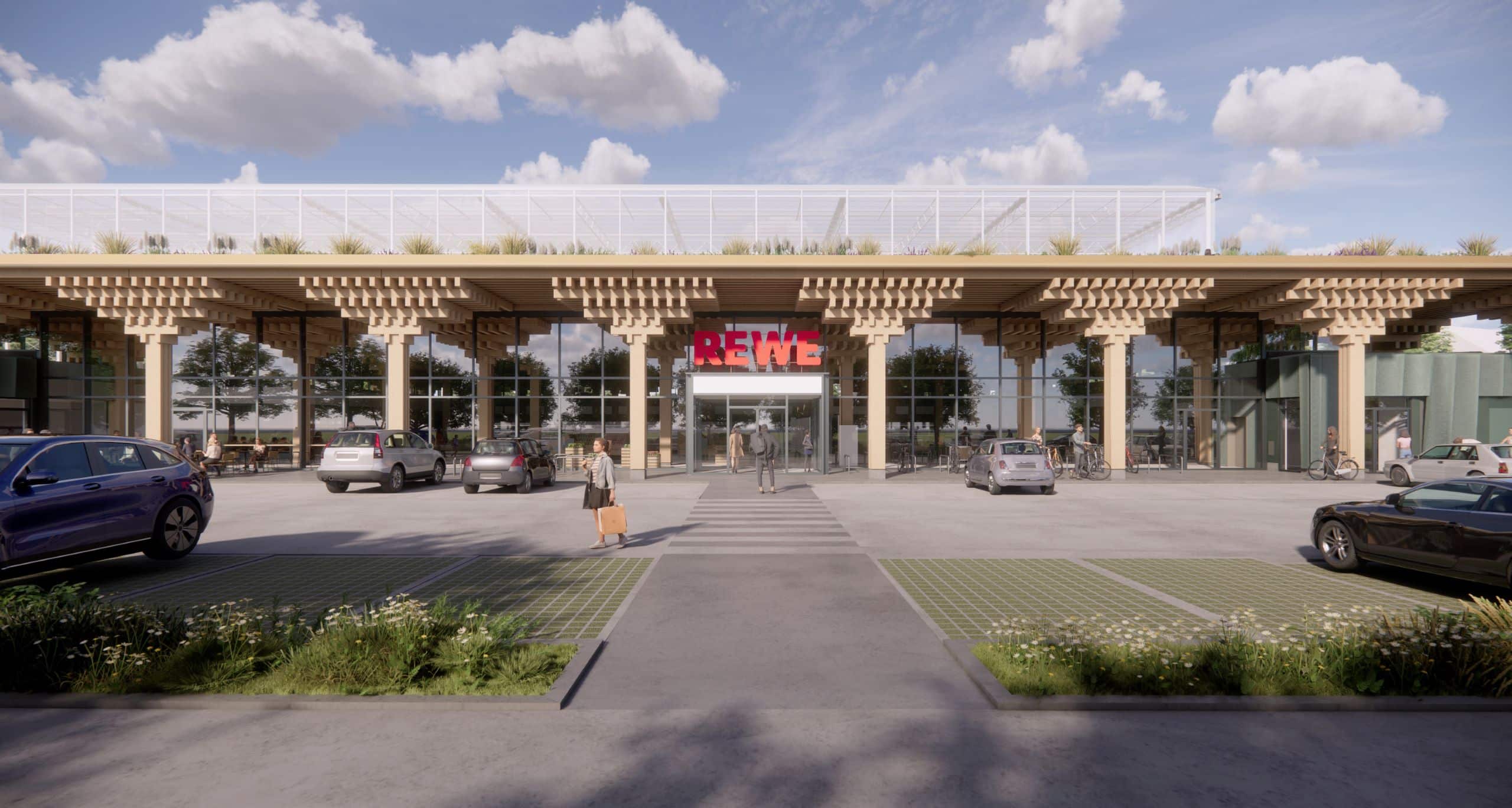 Darstellung der Außenansicht eines geplanten REWE Marktes mit Dachfarm und Holzelementen.