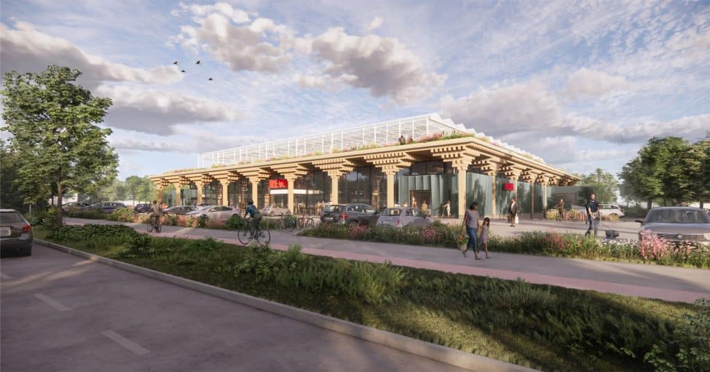 Darstellung der Außenansicht eines geplanten REWE Marktes mit Dachfarm und Holzelementen.