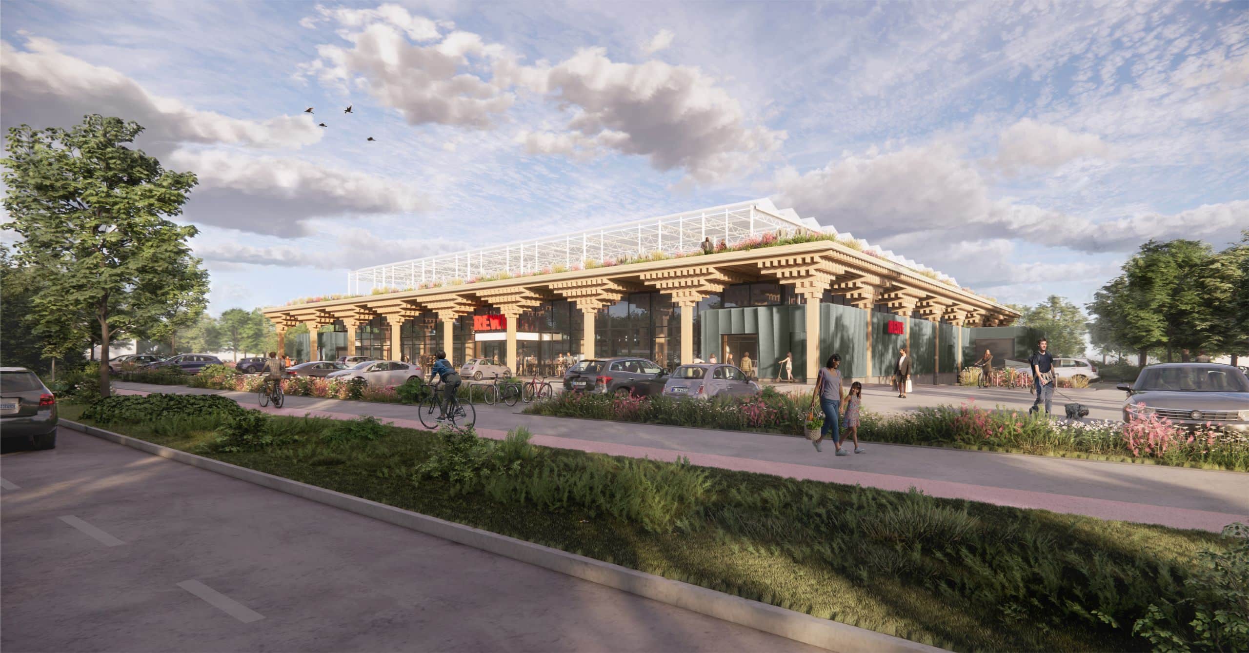 Rendering of the exterior of a planned REWE supermarket featuring a rooftop farm and wooden elements.