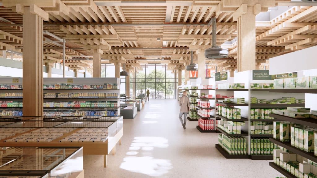 Darstellung der Verkaufsfläche eines geplanten REWE Marktes mit einer Markthalle aus Holz und Glas.