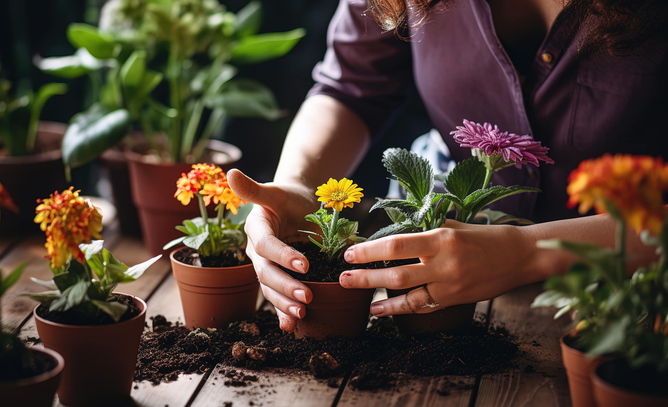 Eine Person topft Blumen ein. Um die kleinen Blumentöpfe herum liegt Erde.