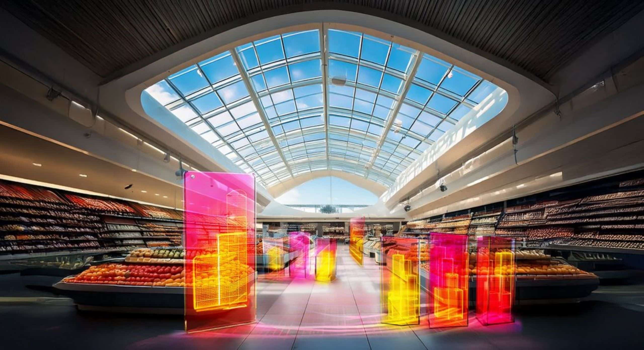 KI-generiertes Bild vom Innenbereich eines Supermarktes mit neon-leuchtenden Säulen, die Diagramme zeigen.