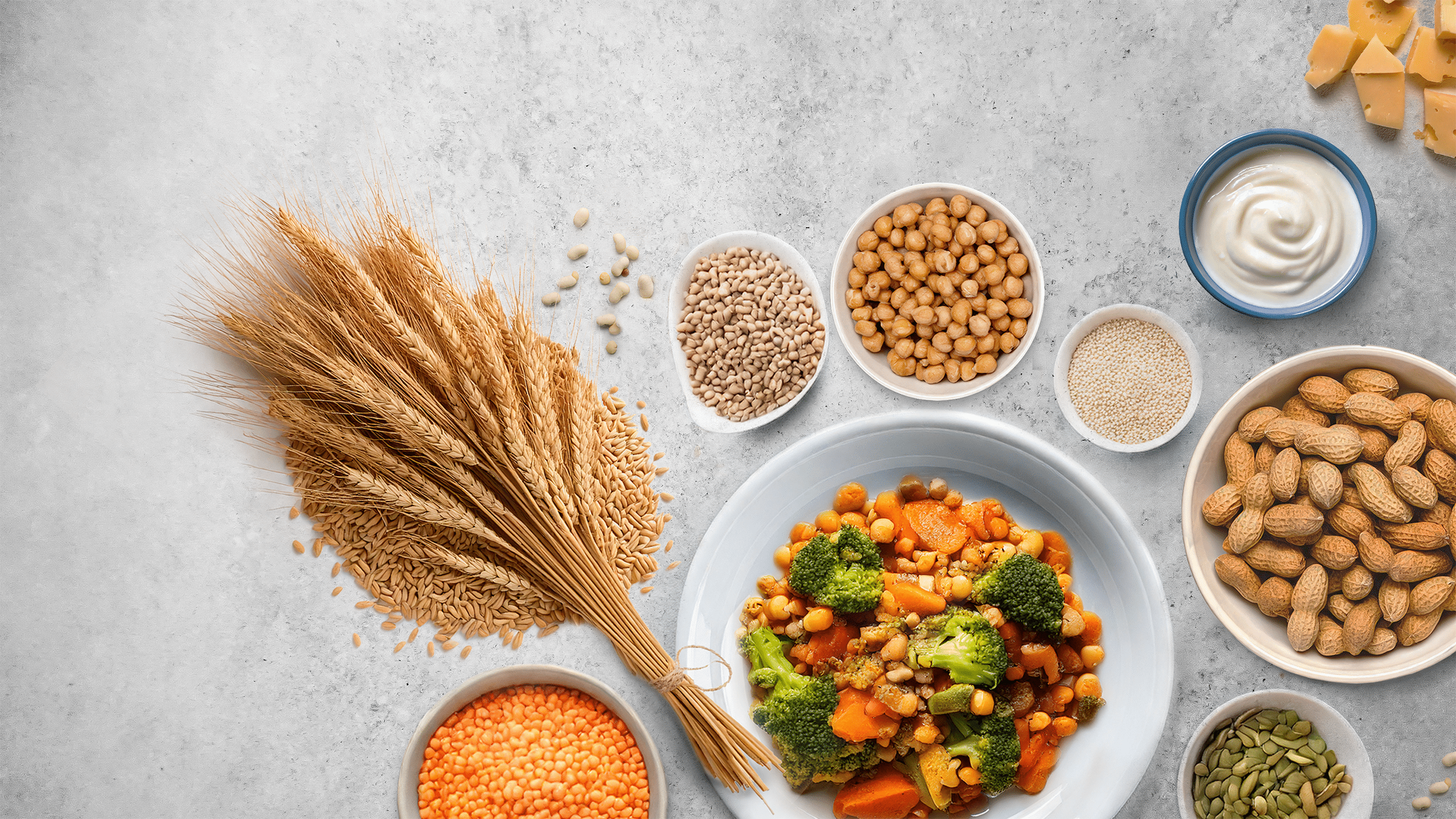 Vegetable ingredients such as grains, nuts and pulses are arranged side by side and a vegetable dish on a plate is in the middle.