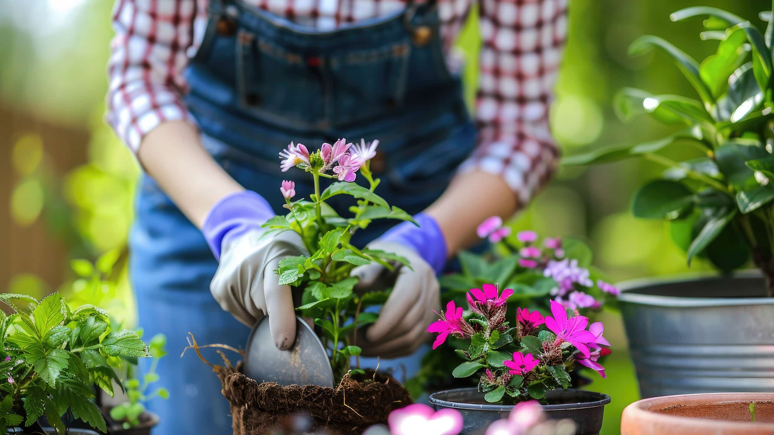 A person is repotting flowers with a gardening tool. The person is wearing a shirt with dungarees and gardening gloves.