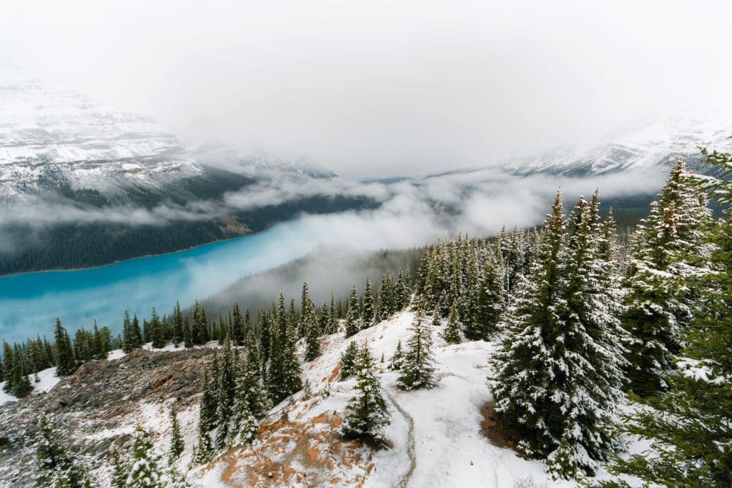 Schneebedeckte Tannen auf hohen Bergen. Im Tal der Berge ist ein blauer See.