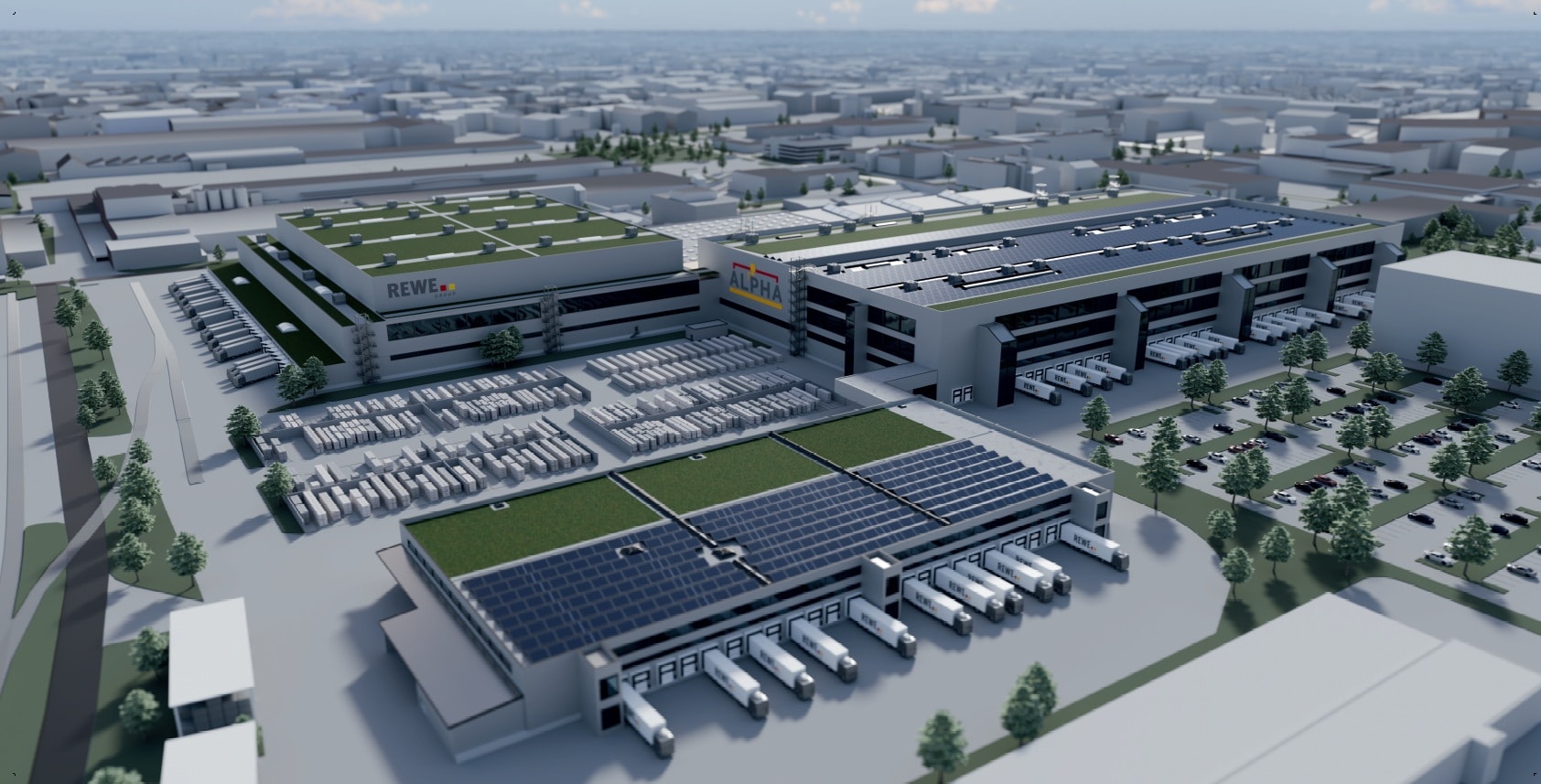 Modellfoto von einer Luftaufnahme eines REWE Group Logistikcenters.