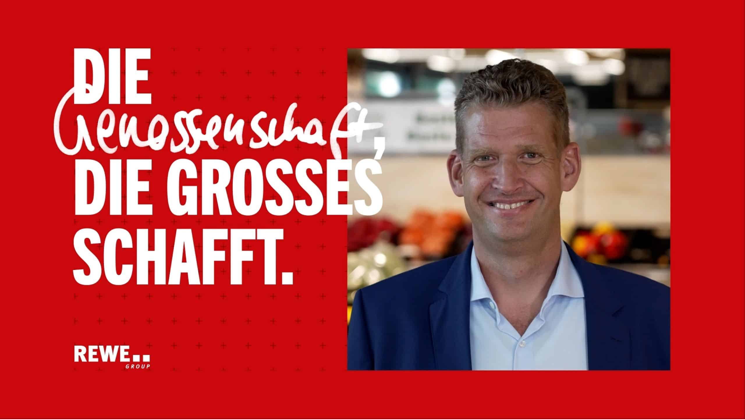 Portrait of Stefan Görgens, Divisional Director PENNY Germany. Red border and the lettering "The cooperative that creates great things."
