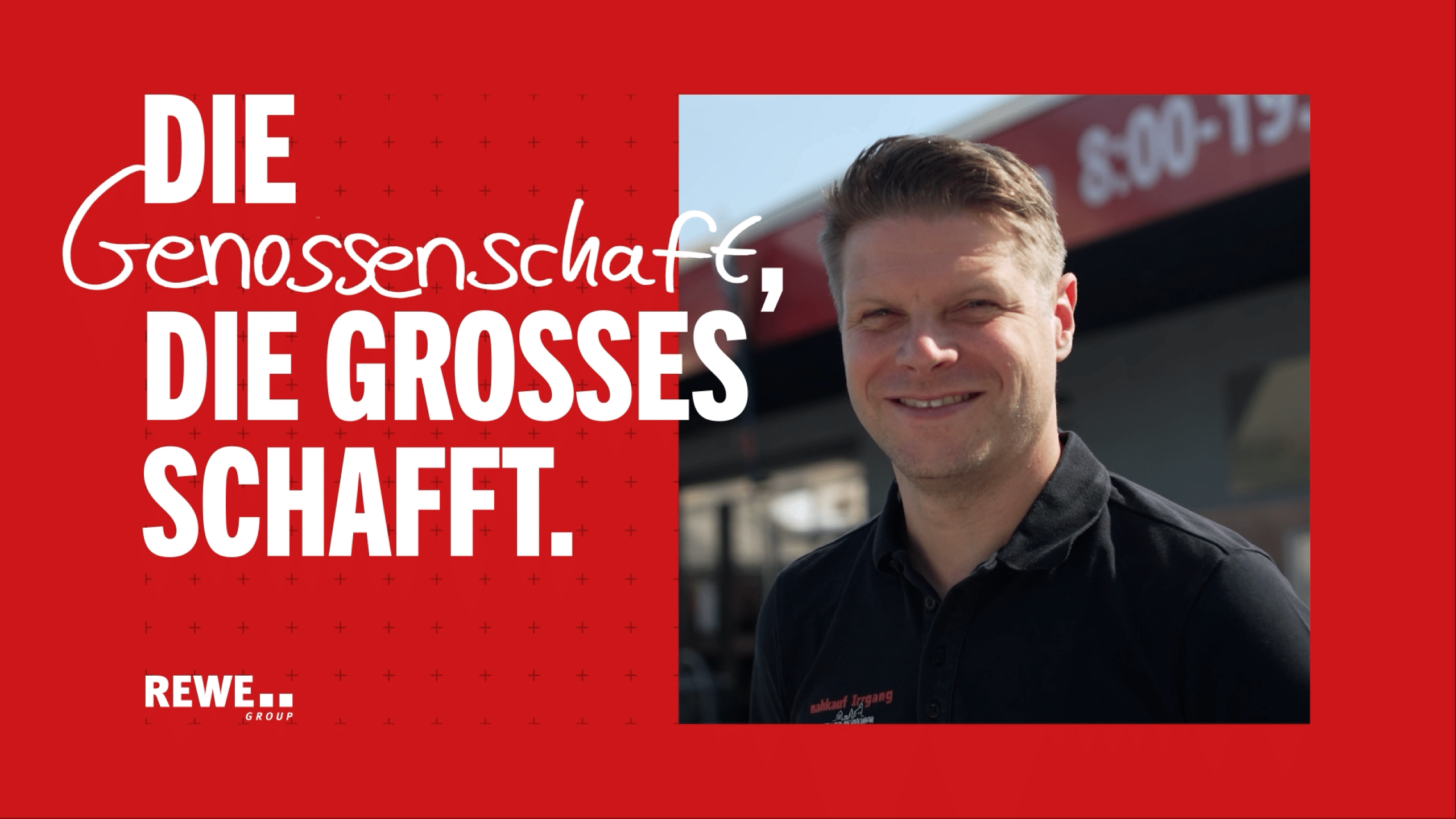 Porträt von Kaufmann René Irrgang. Um das Bild ist ein roter Rahmen mit dem Slogan "Die Genossenschaft, die Großes schafft."