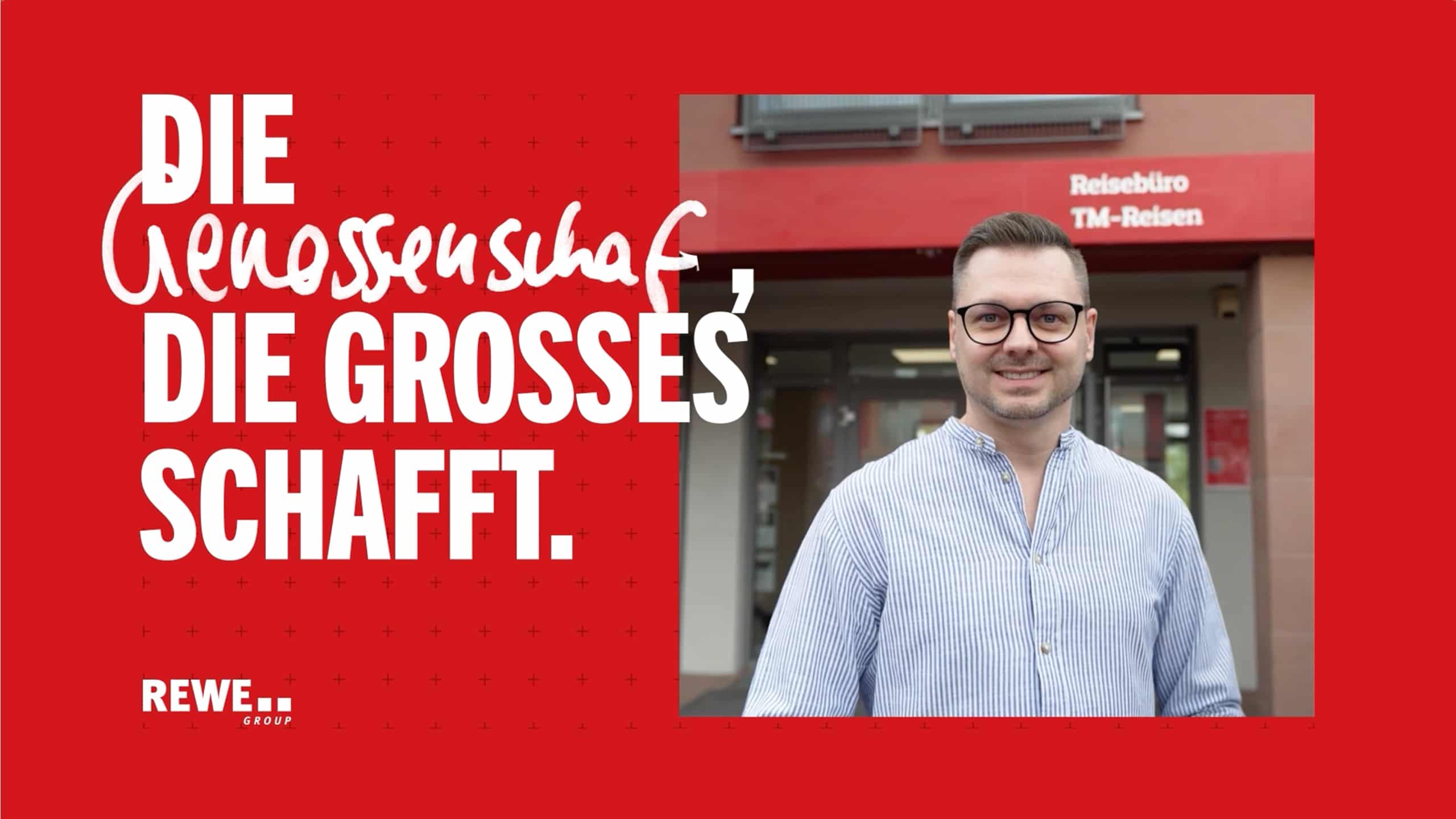 Porträt von Thomas Engel. Um das Bild ist ein roter Rahmen mit dem Slogan "Die Genossenschaft, die Großes schafft."