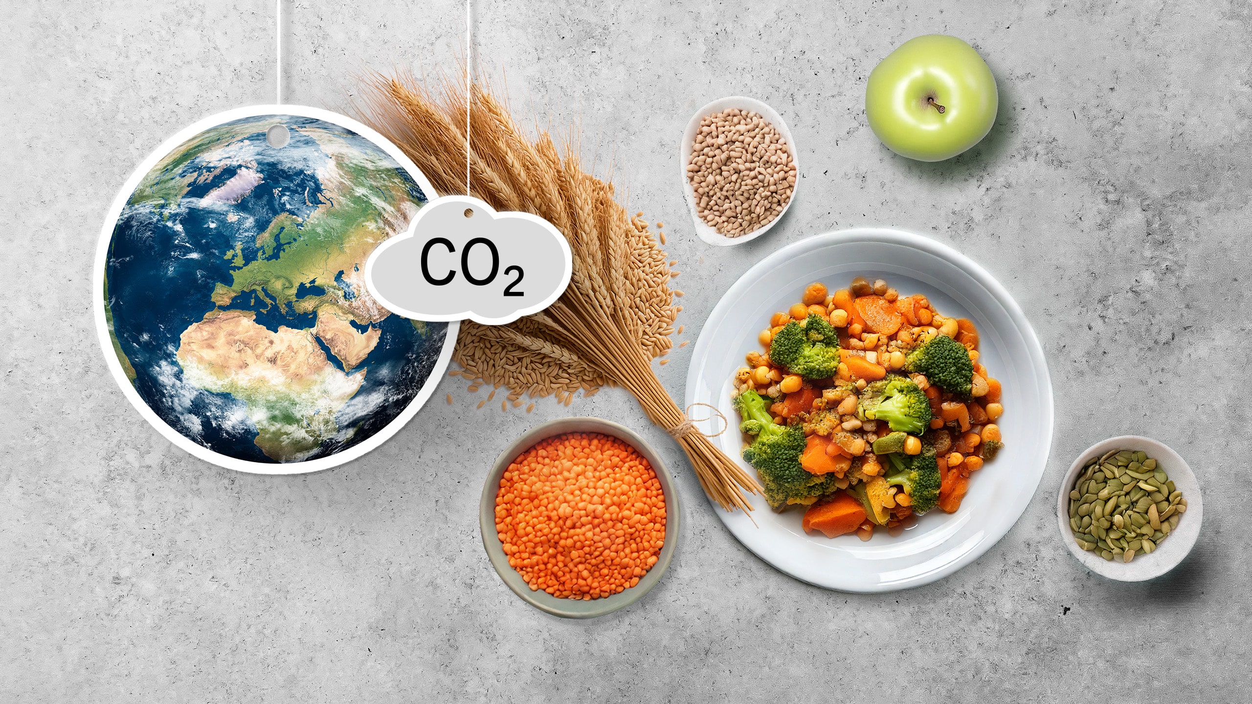 Globe with CO₂ label, next to it grain, lentils, apple, pumpkin seeds, and a plate with a vegetable dish on a gray background.