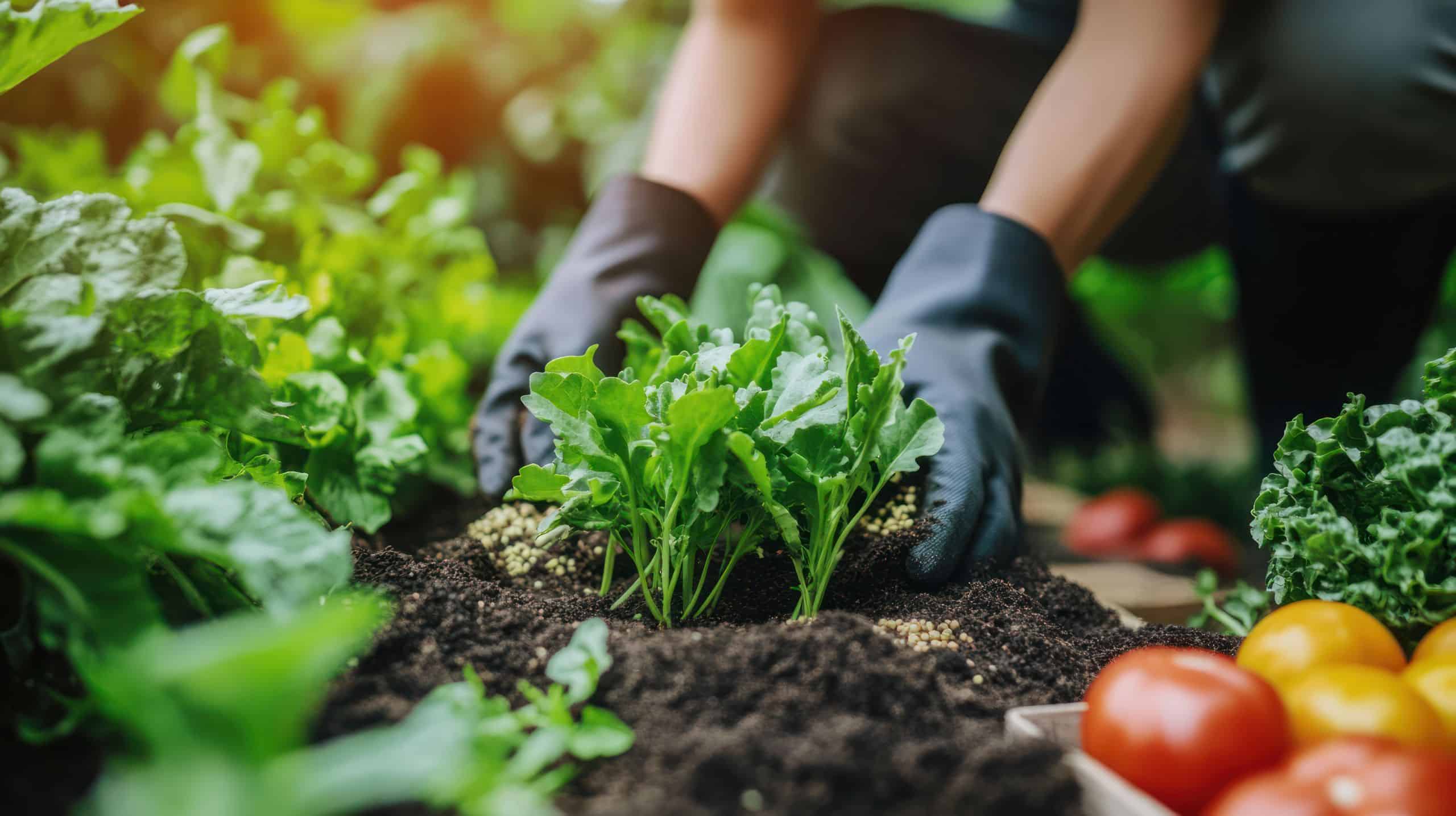 Eine Person mit dunklen Handschuhen pflanzt junge Gemüsesetzlinge in lockere Erde in einem Gartenbeet. Rundherum wachsen verschiedene Gemüsepflanzen, darunter Tomaten und Blattgrün.