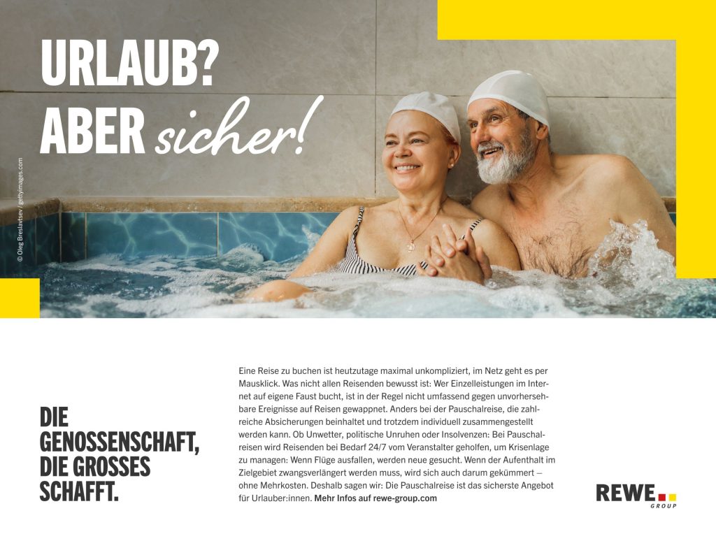 Zwei Personen entspannen gemeinsam in einem sprudelnden Whirlpool in einem Spa-Bereich mit Fliesenwand im Hintergrund, begleitet von einem großen Text: 