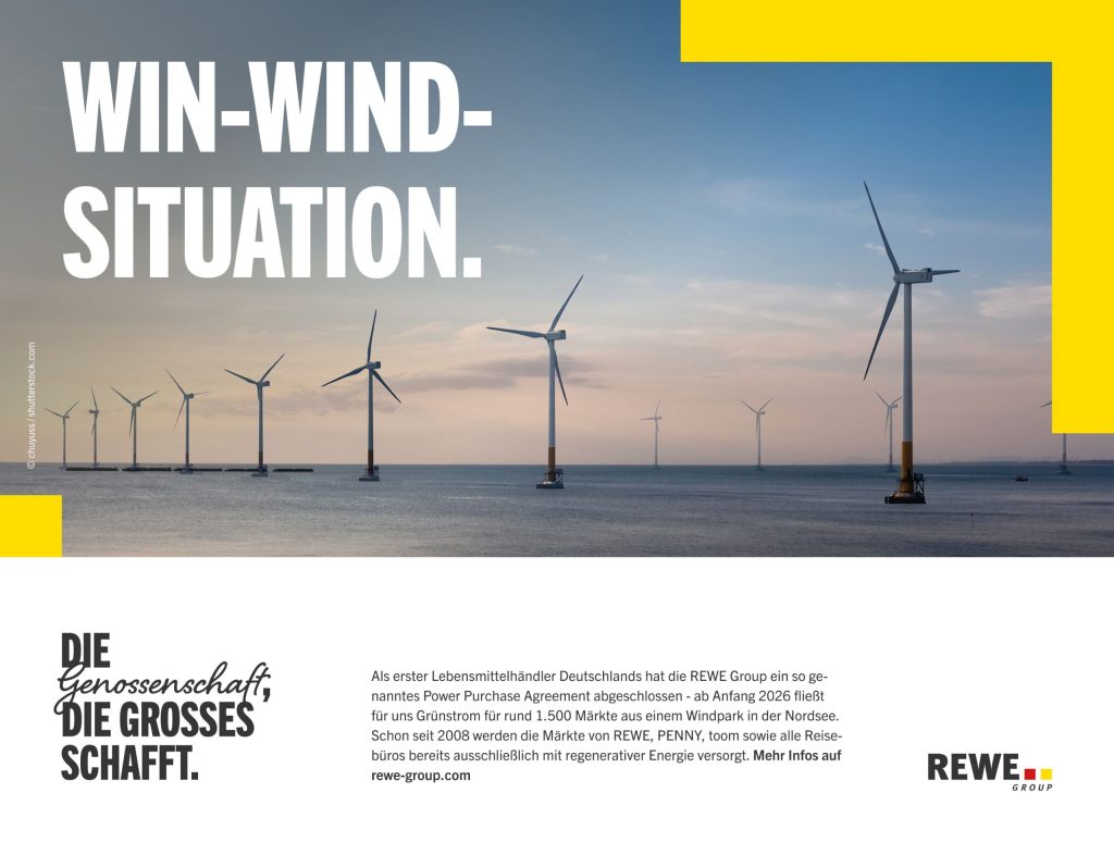 Offshore-Windpark mit mehreren Windrädern im Meer bei ruhigem Wasser und Himmel in Pastellfarben, begleitet von dem großen Text: 