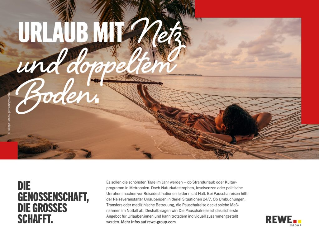 Eine Person liegt in einer Hängematte zwischen Palmen an einem Strand bei Sonnenuntergang mit Blick aufs Meer, daneben steht großer Text: 