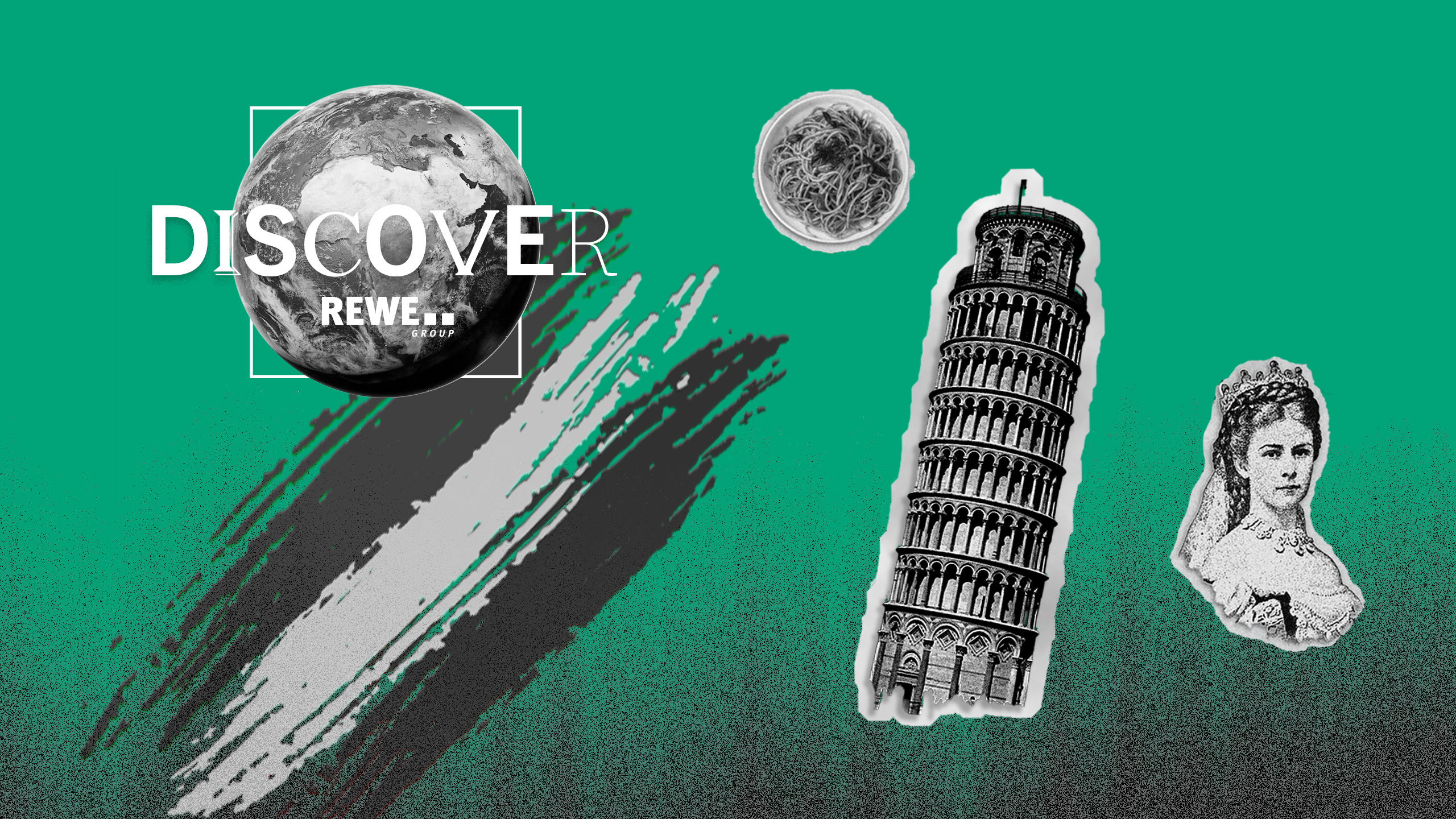 A graphic collage featuring the text “DISCOVER REWE Group,” a globe, the Leaning Tower of Pisa, a plate of pasta, and a historical portrait against a green background.