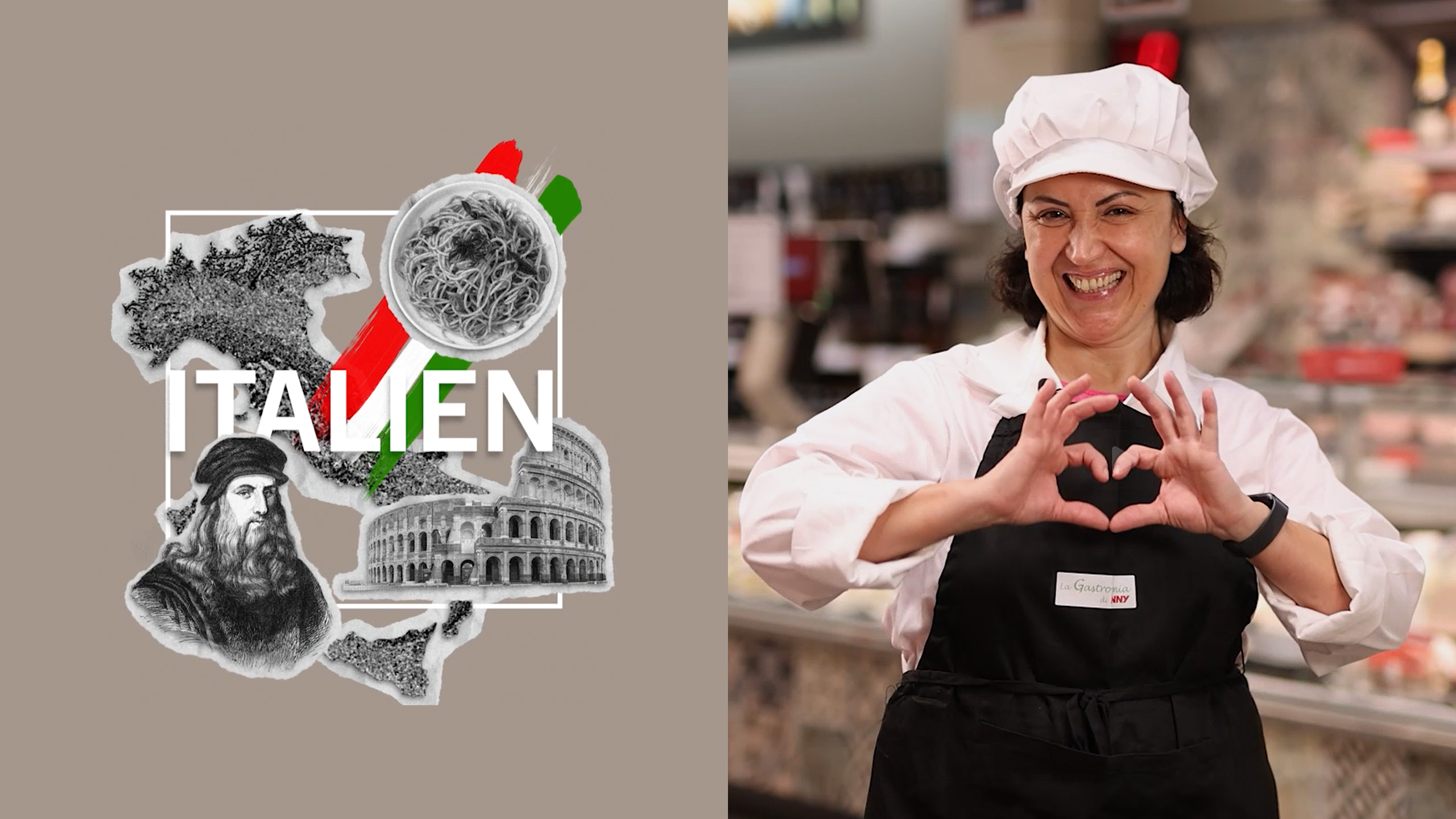 Collage mit italienischen Landesmotiven und dem Schriftzug „ITALIEN“ neben einer Person in Arbeitskleidung an einer Frischetheke eines Supermarkts.