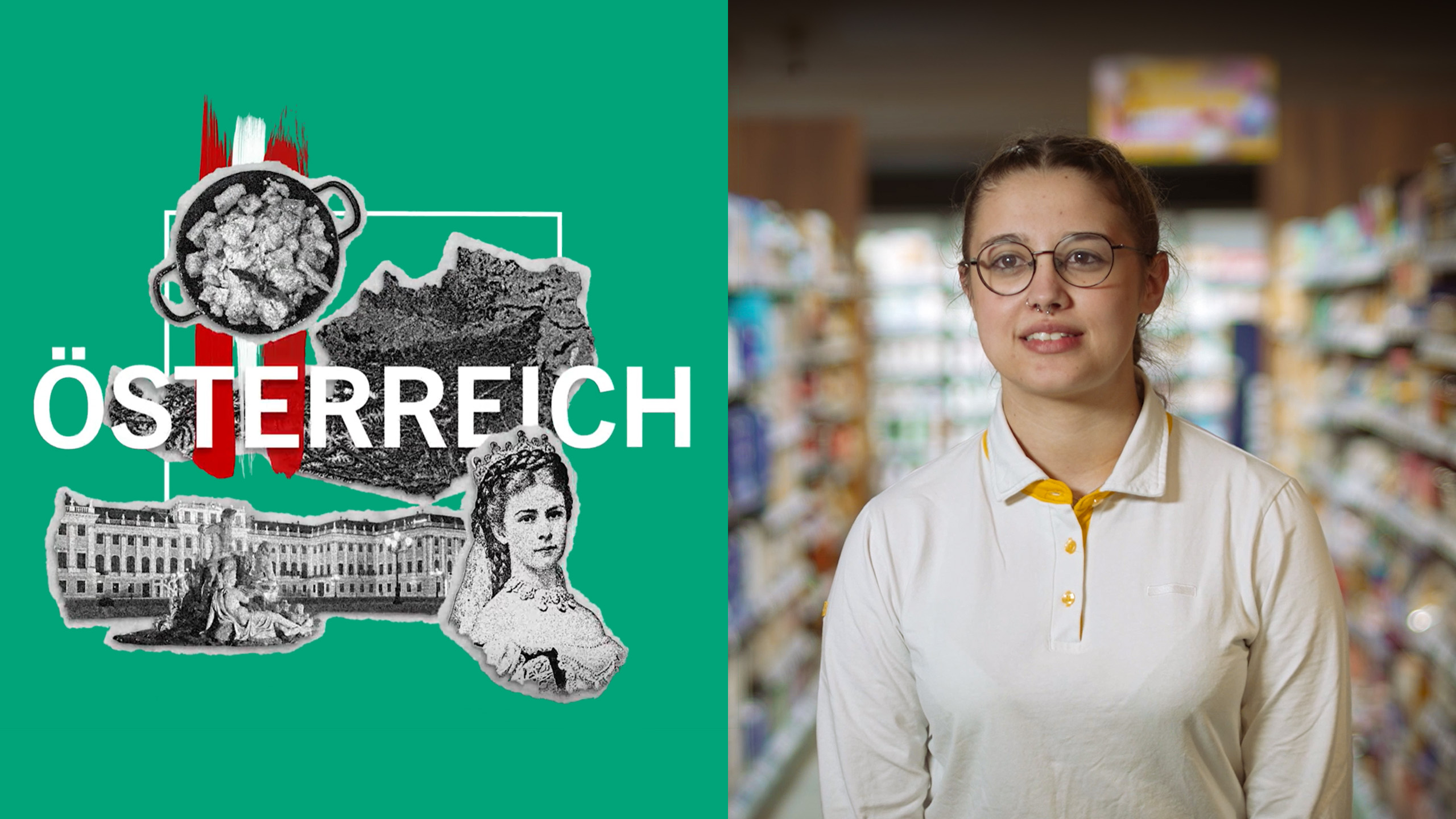 Collage mit österreichischen Landesmotiven und dem Schriftzug „ÖSTERREICH“ neben einer Person in Arbeitskleidung in einem Supermarkt.