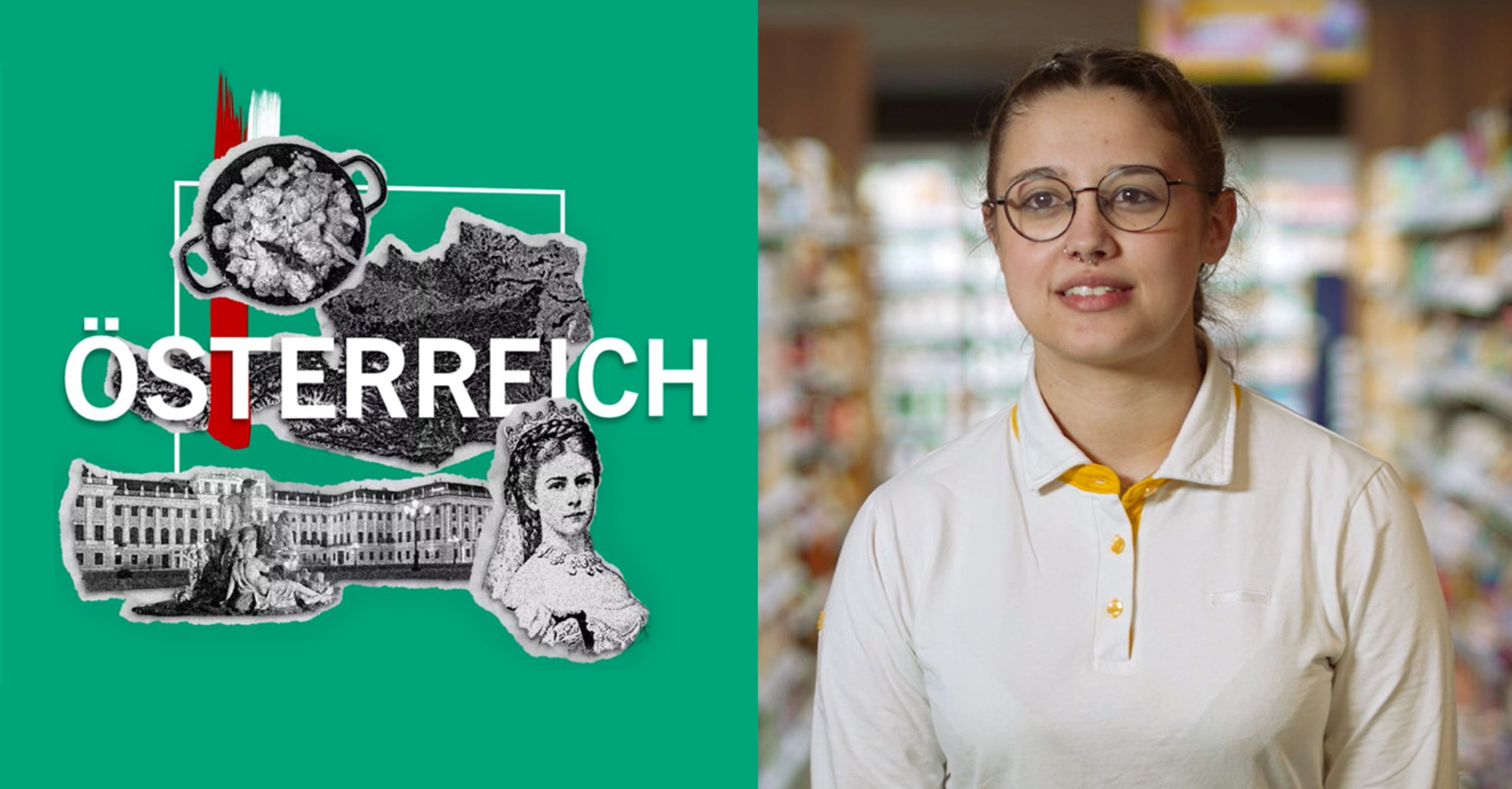 Collage mit österreichischen Landesmotiven und dem Schriftzug „ÖSTERREICH“ neben einer Person in Arbeitskleidung in einem Supermarkt.