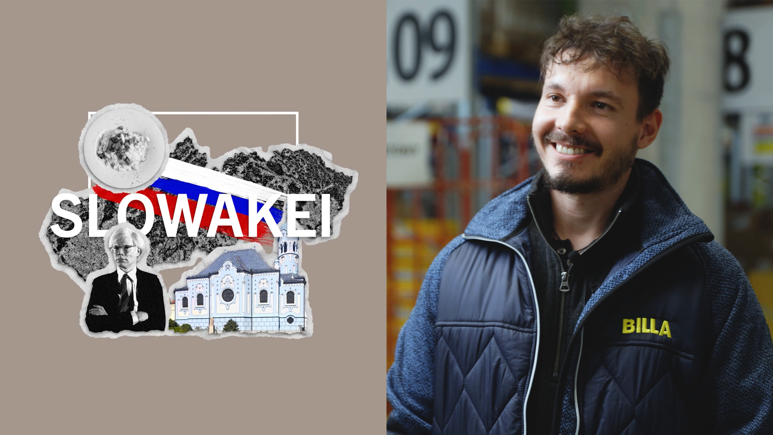 Collage zum Thema Slowakei mit Landesmotiven und einer Person in BILLA-Arbeitskleidung in einem Logistik- oder Lagerumfeld neben dem Schriftzug „SLOVAKEI“.