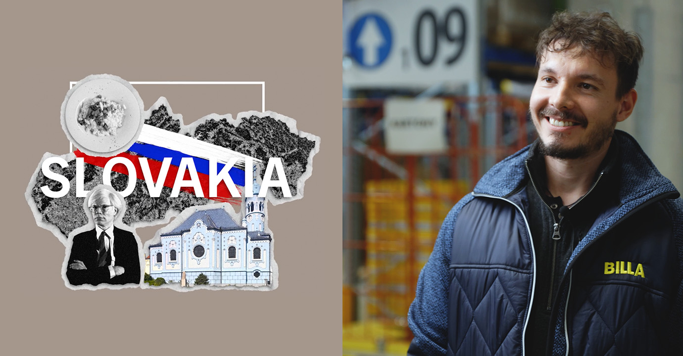 A collage on the theme of Slovakia featuring national motifs and a person wearing BILLA work clothes in a logistics or warehouse setting next to the word “SLOVAKIA.”