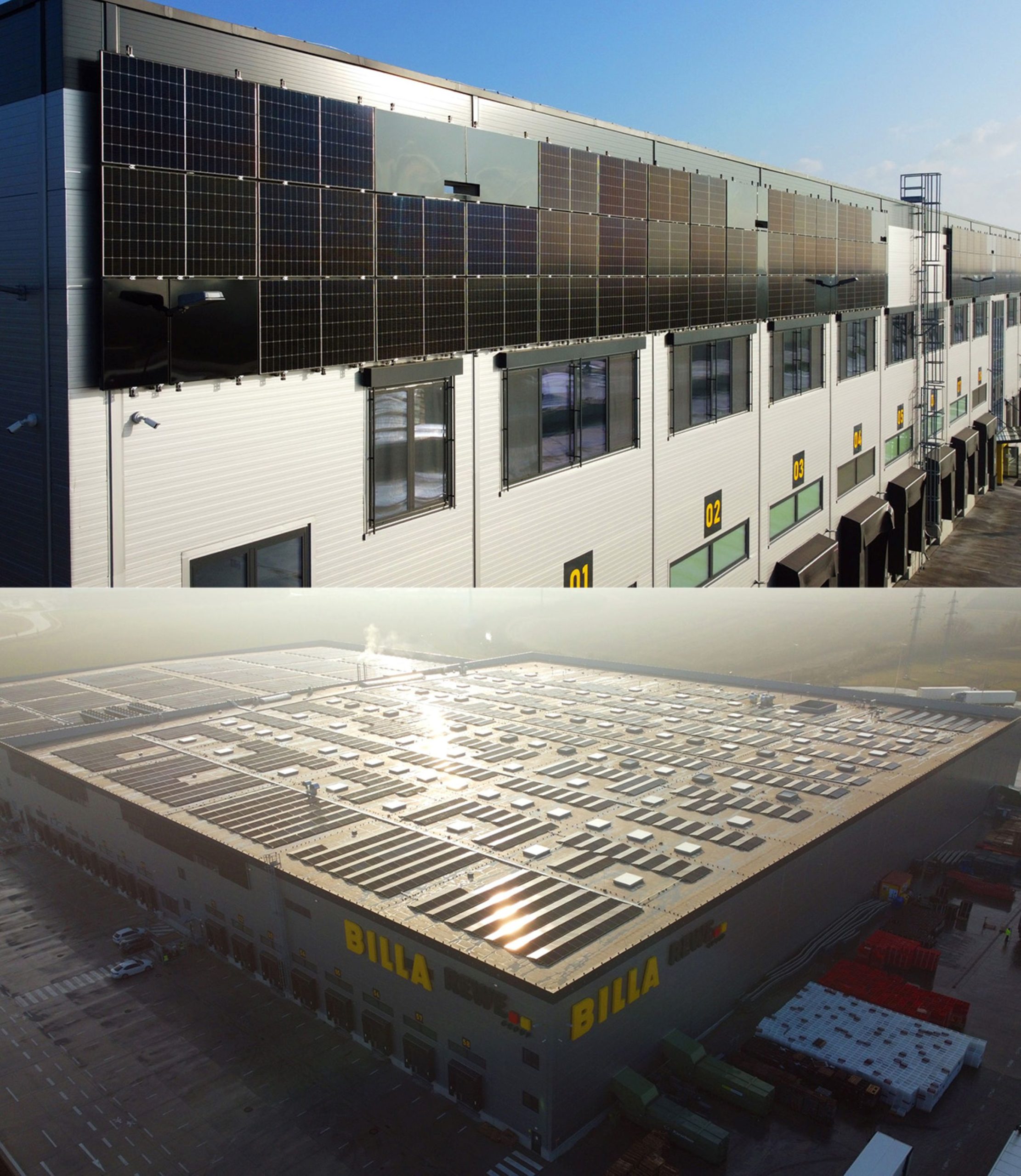 Großes BILLA-Logistikzentrum mit Photovoltaikanlagen an der Fassade und auf dem Dach, die im Rahmen von BILLA Energy zur nachhaltigen Stromerzeugung beitragen.