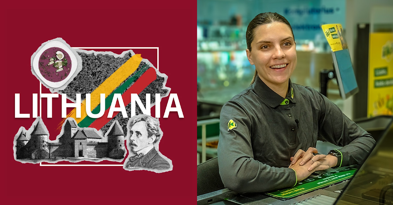 Collage featuring Lithuanian motifs and the word “LITHUANIA” next to a person at a checkout counter in an IKI supermarket.