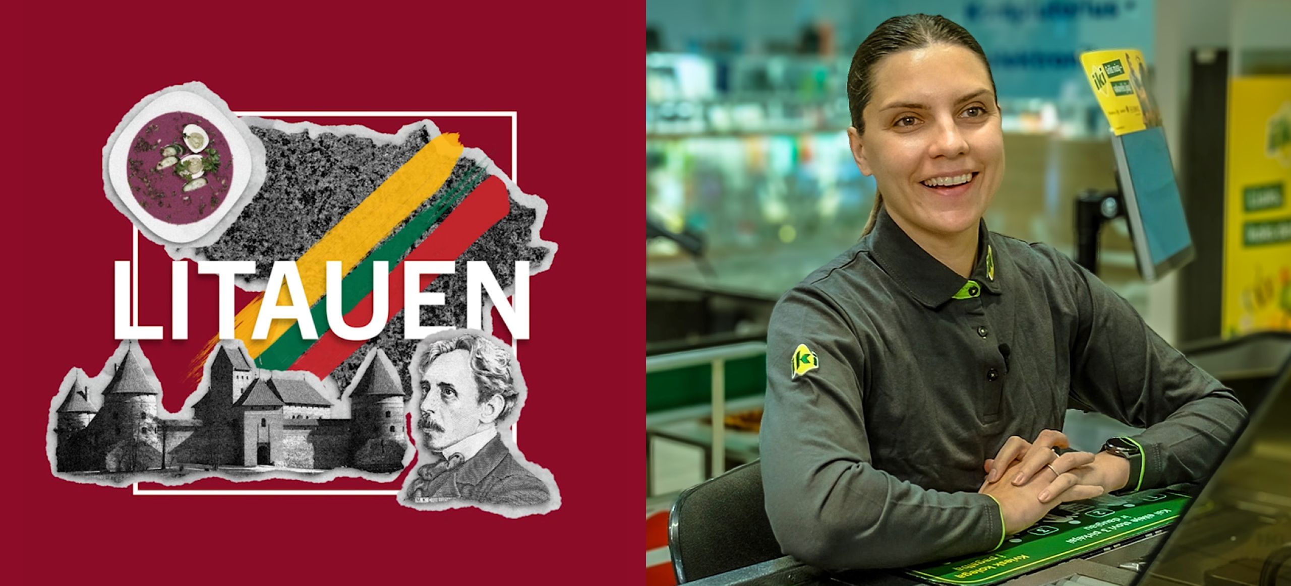 Collage mit litauischen Landesmotiven und dem Schriftzug „LITAUEN“ neben einer Person an einer Kasse in einem IKI Supermarkt.