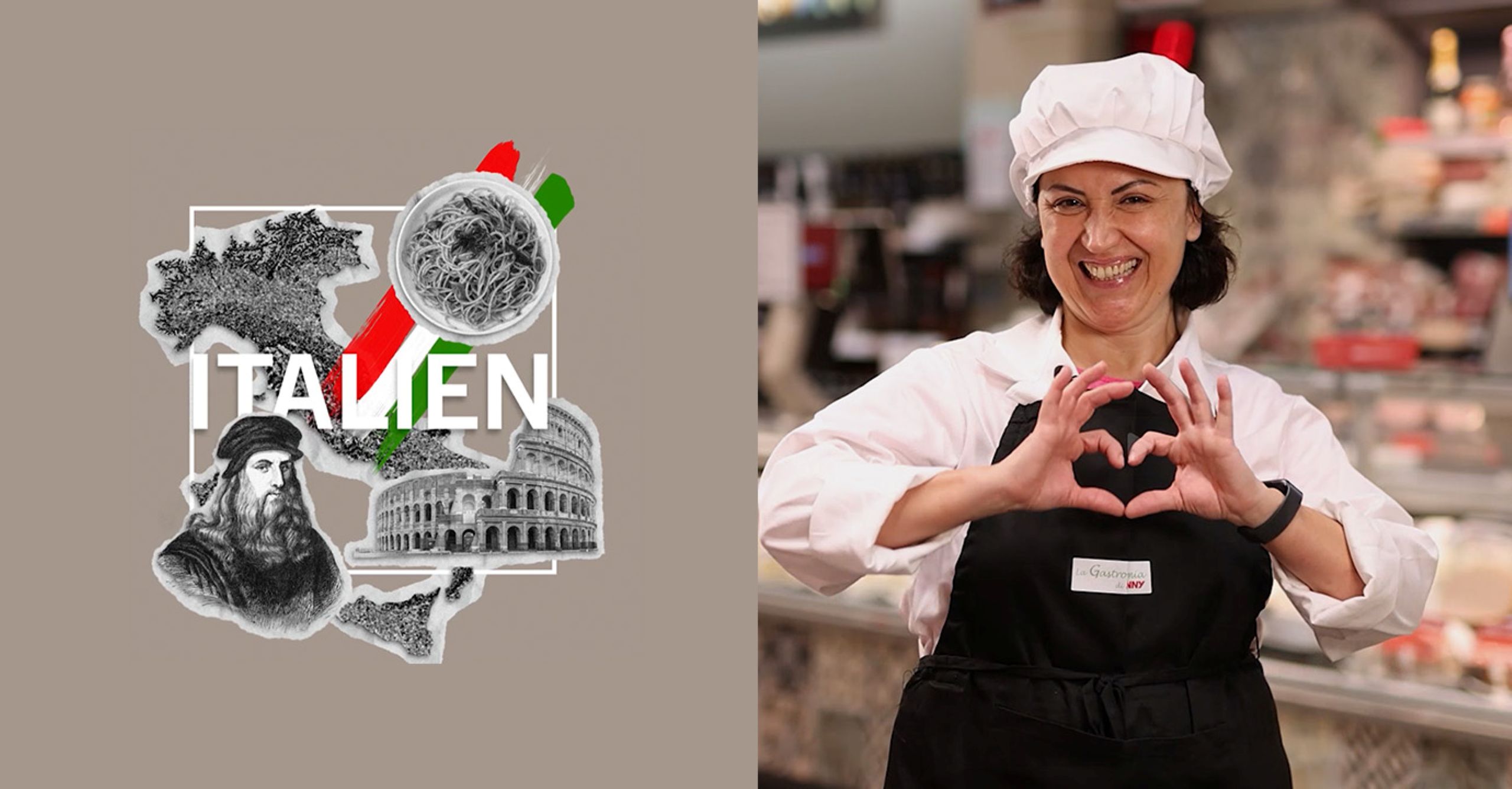 Collage mit italienischen Landesmotiven und dem Schriftzug „ITALIEN“ neben einer Person in Arbeitskleidung an einer Frischetheke eines Supermarkts.