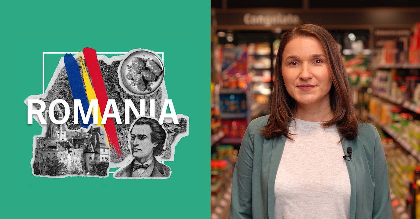 A collage featuring Romanian motifs and the word “ROMANIA” next to a person in a PENNY supermarket.