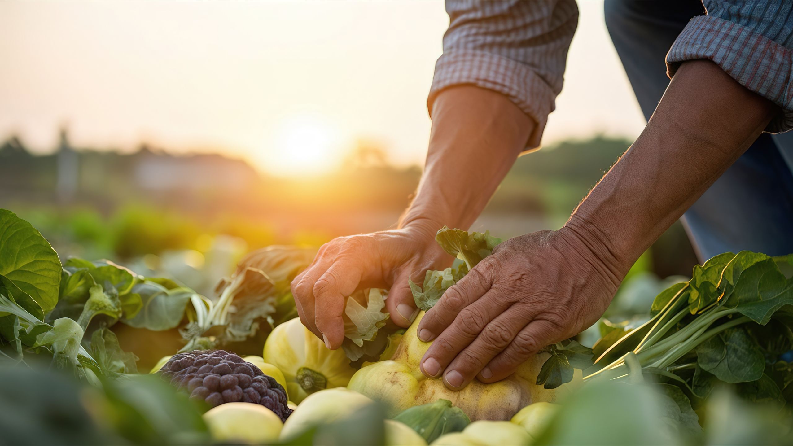 Hände ernten Gemüse auf einem Feld, umgeben von verschiedenen Gemüsepflanzen.