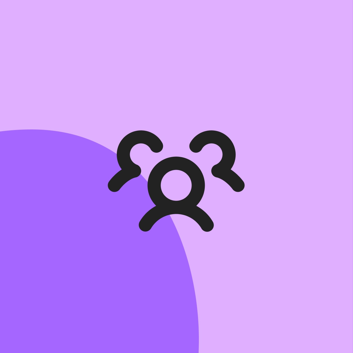 Schwarzes Icon mit drei stilisierten Personen auf hellviolettem Hintergrund, ergänzt durch eine große violette grafische Fläche.