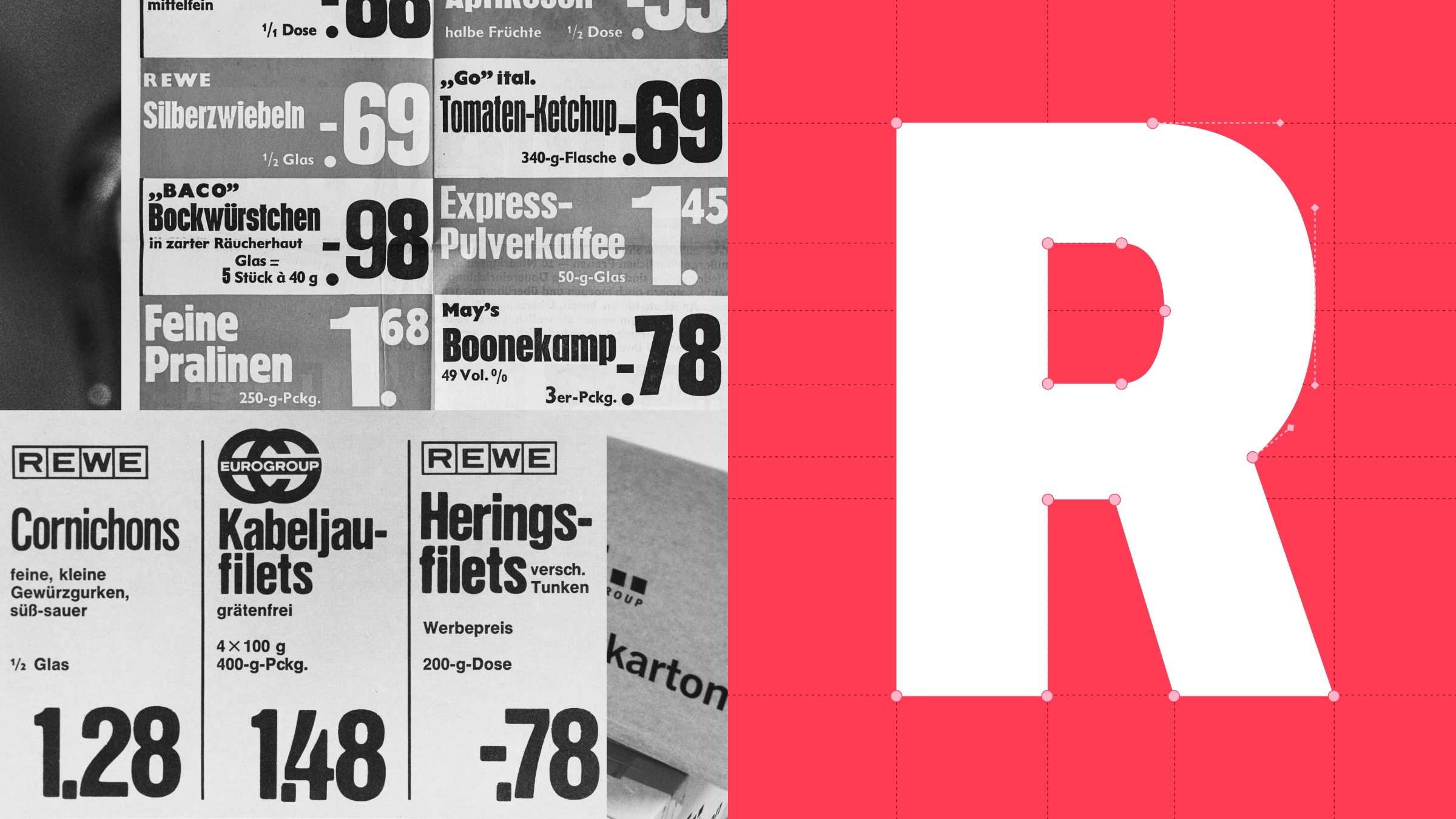 Historische schwarz-weiße REWE-Werbeanzeigen mit Produktangeboten und Preisen neben einem großen weißen „R“ auf rotem Hintergrund.