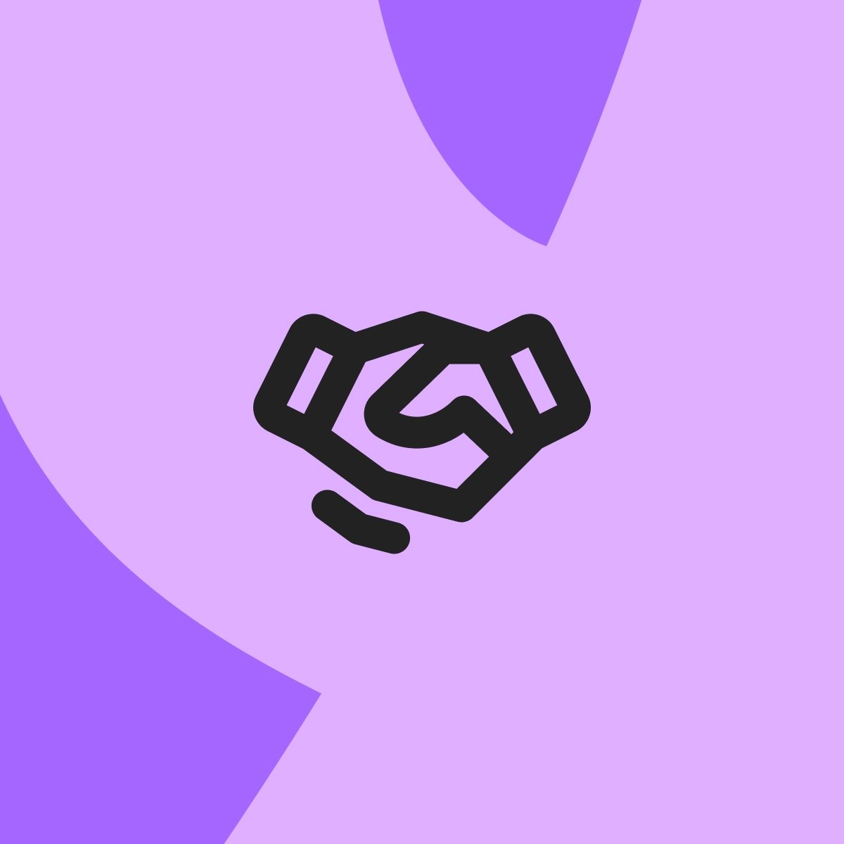 Schwarzes Handschlag-Icon auf hellviolettem Hintergrund mit violetten grafischen Flächen.