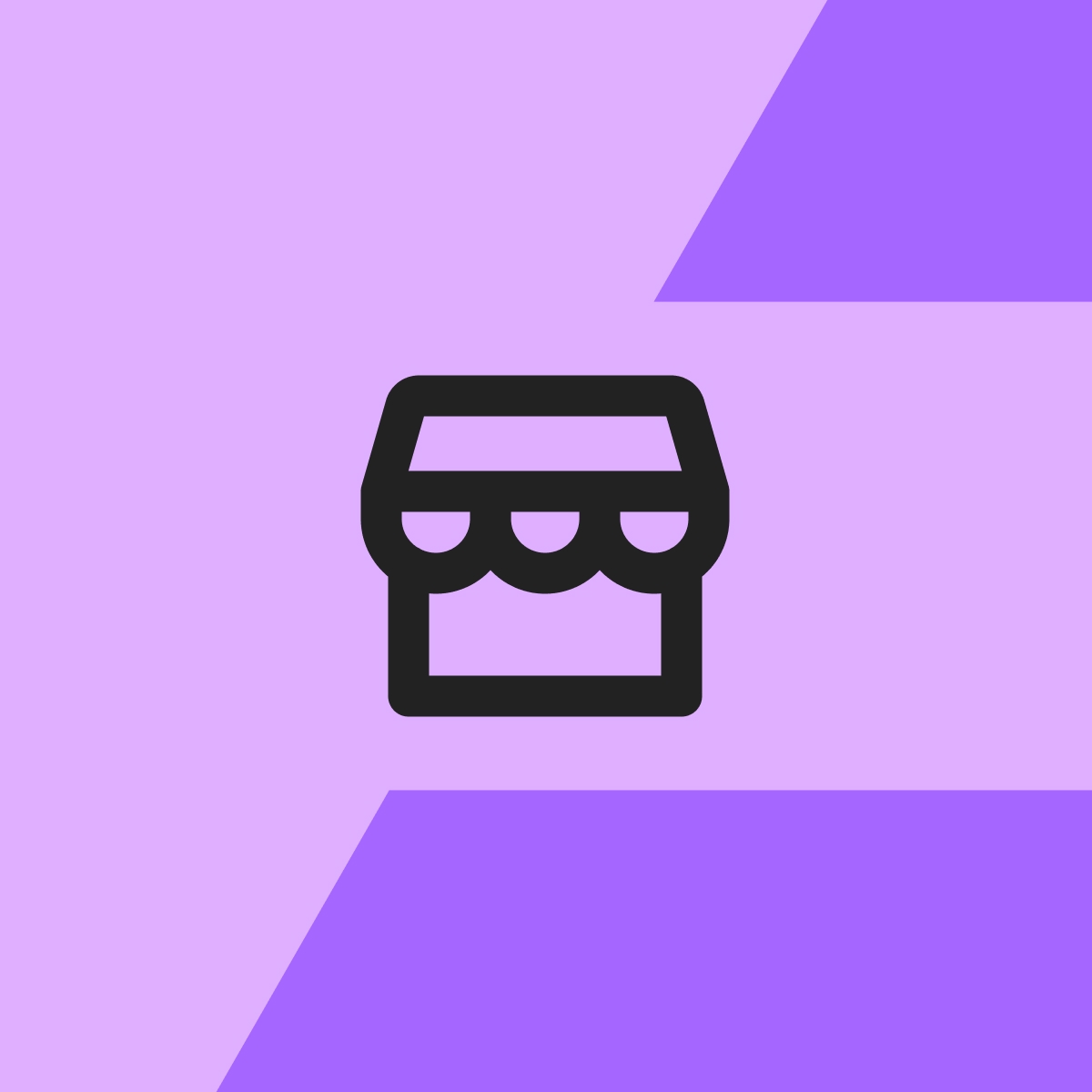 Schwarzes Linien-Icon eines Geschäfts mit Markise auf hellviolettem Hintergrund mit violetten grafischen Flächen.