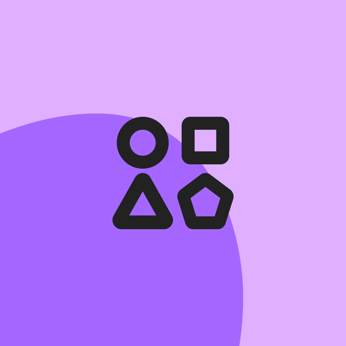 Schwarzes Icon aus vier geometrischen Formen, Kreis, Quadrat, Dreieck und Fünfeck, auf hellviolettem Hintergrund mit violetter Grafikfläche.