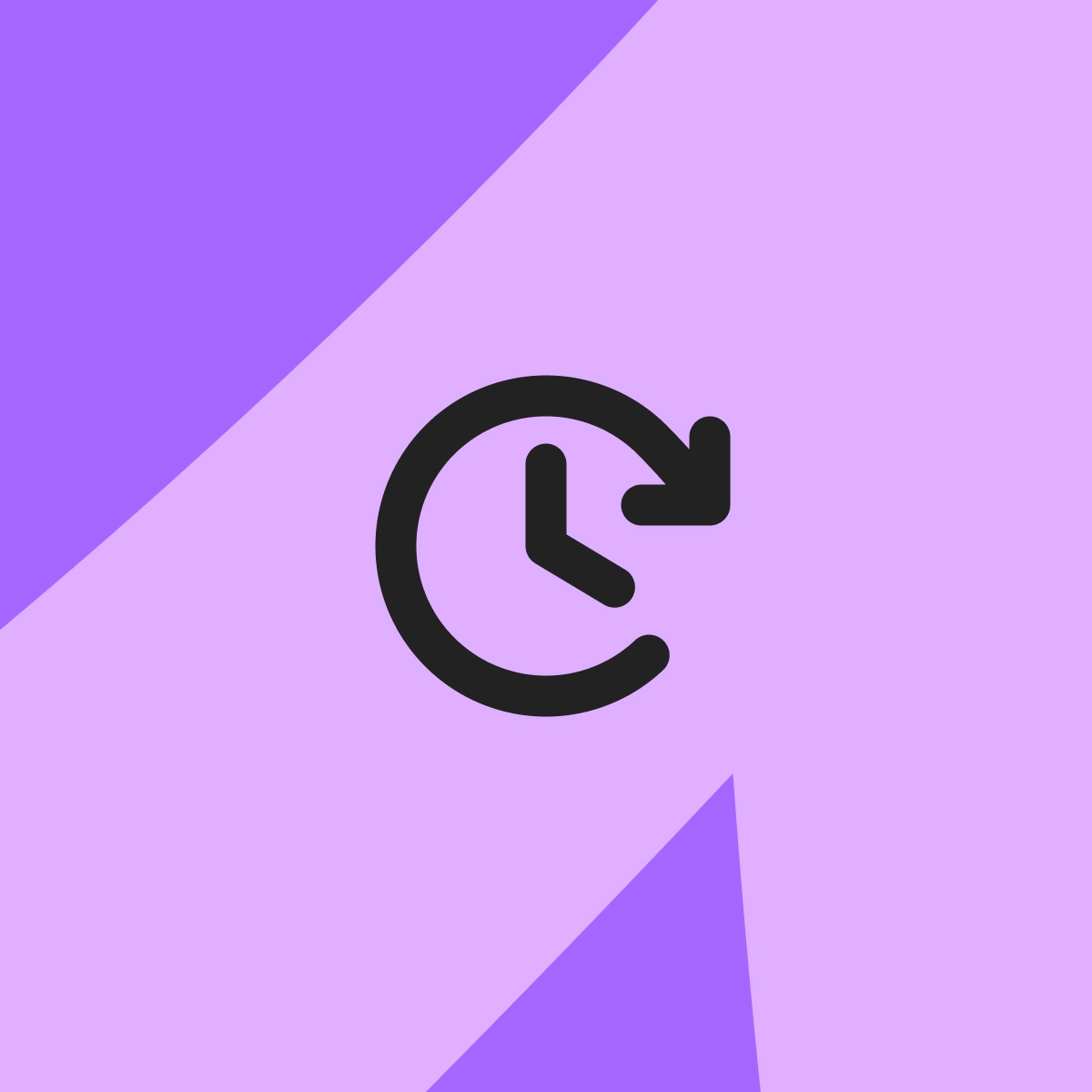 Schwarzes Uhr-Icon mit kreisförmigem Pfeil auf hellviolettem Hintergrund mit violetten grafischen Flächen.