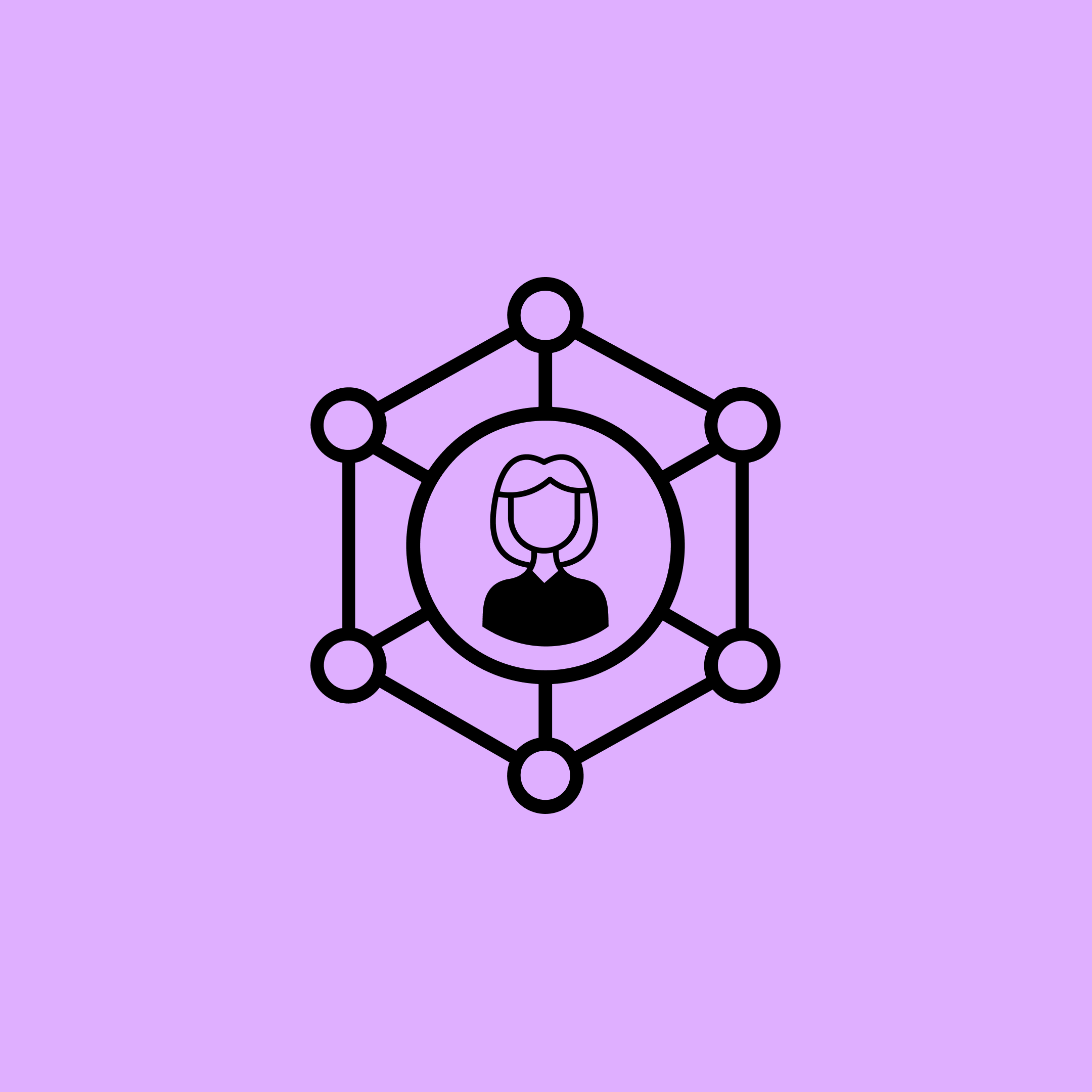 Schwarzes Linien-Icon einer Person im Zentrum eines Netzwerks mit sechs miteinander verbundenen Punkten auf hellviolettem Hintergrund.