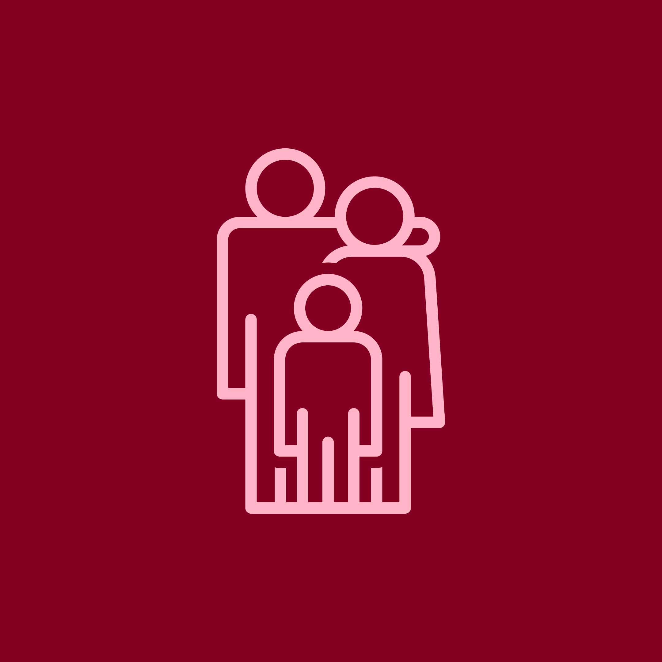 Rosafarbenes Linien-Icon mit drei stilisierten Personen unterschiedlicher Größe auf dunkelrotem Hintergrund.