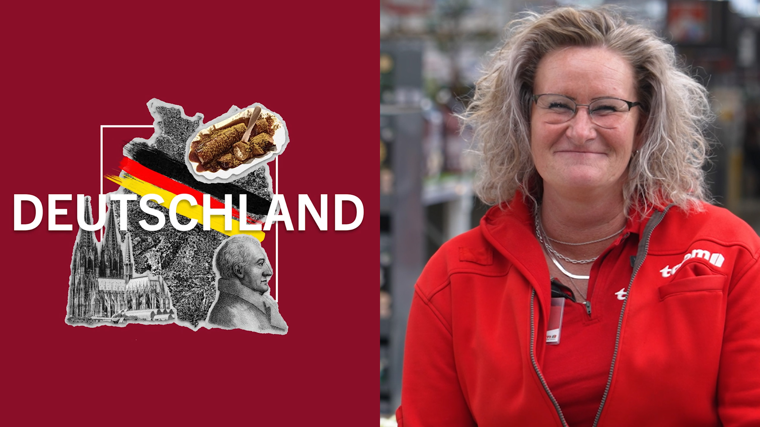 Collage mit dem Schriftzug „DEUTSCHLAND“ und Deutschland-Motiven neben dem Porträt einer Person in roter Arbeitskleidung in einem Markt.