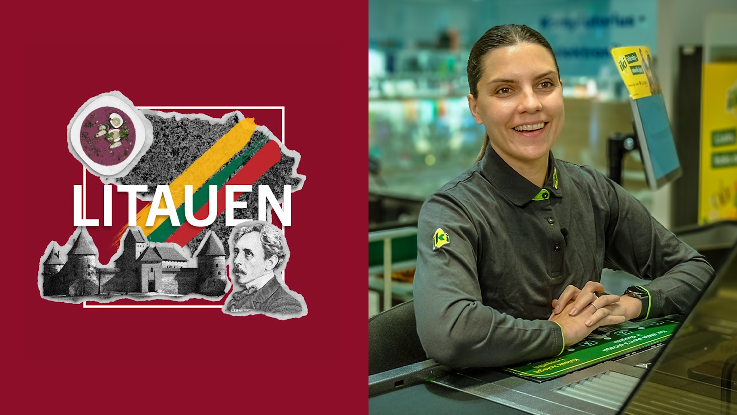 Collage mit litauischen Landesmotiven und dem Schriftzug „LITAUEN“ neben einer Person an einer Kasse in einem IKI Supermarkt.